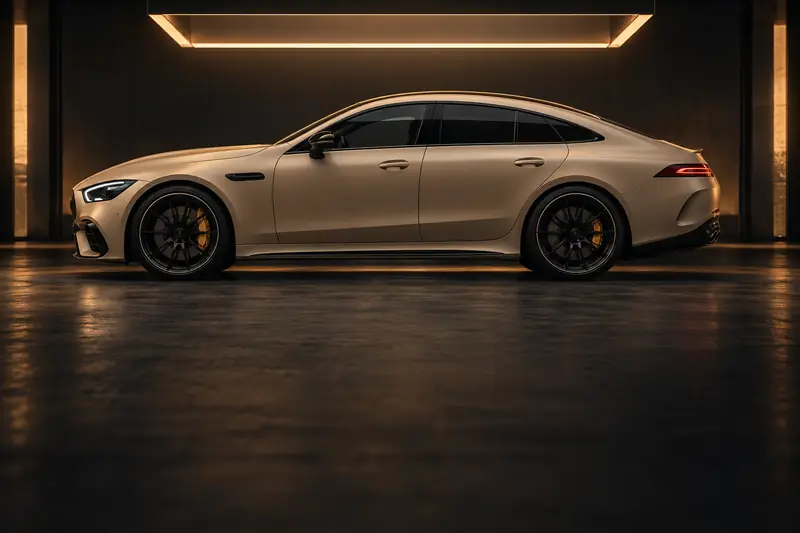 Mercedes-AMG GT 63 4-door in a satin sand-beige wrap under a soft light canopy