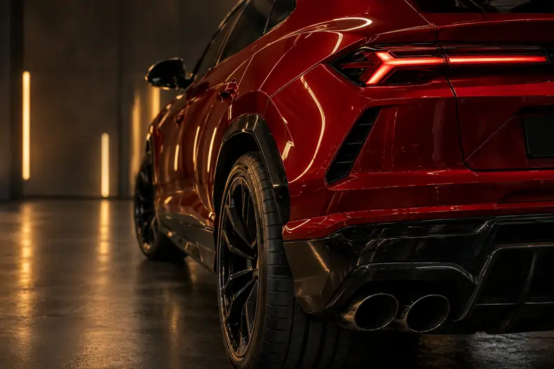 Lamborghini Urus rear wheel arch in a gloss red wrap