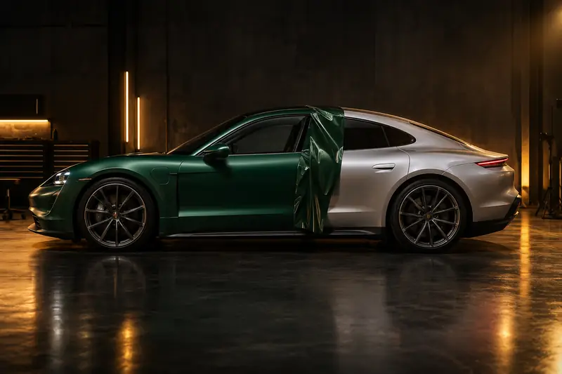 Porsche Taycan halfway through a colour change from silver paint to satin emerald green film