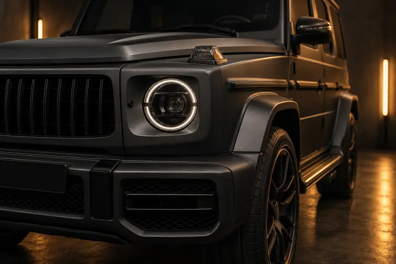 Mercedes-AMG G 63 bonnet and headlight in a matte charcoal wrap