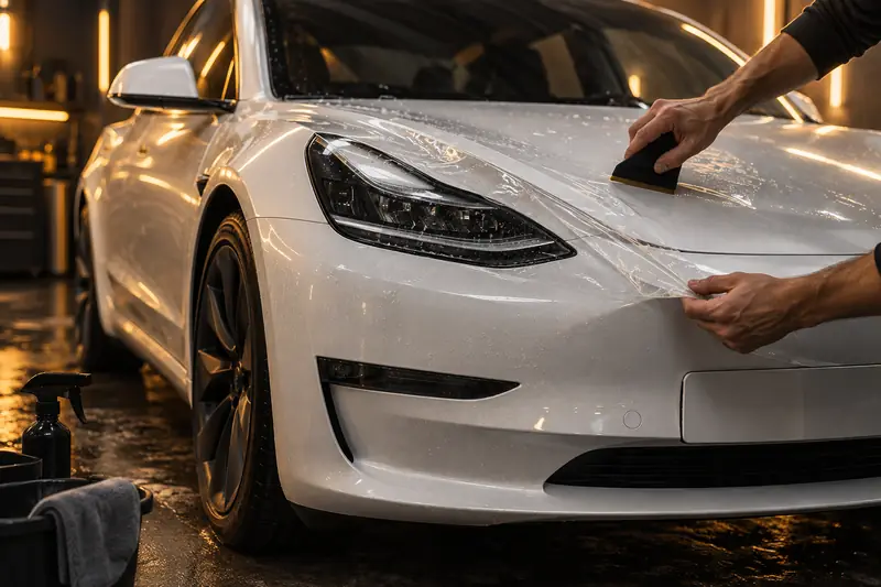 Hands applying clear paint protection film to the bonnet of a Tesla Model 3