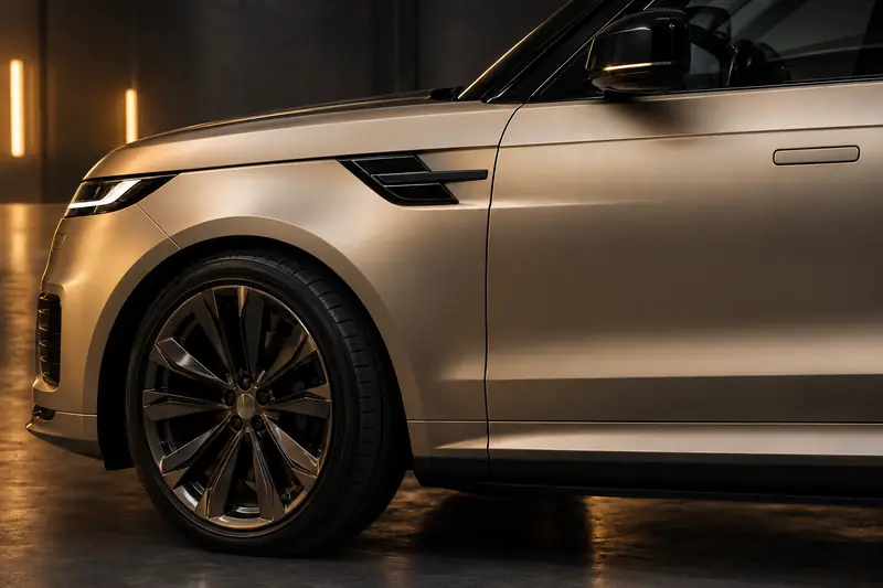 Range Rover Sport wheel arch and door in a satin champagne wrap