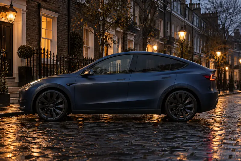 Tesla Model Y in a satin midnight blue wrap on a London terrace street at dusk