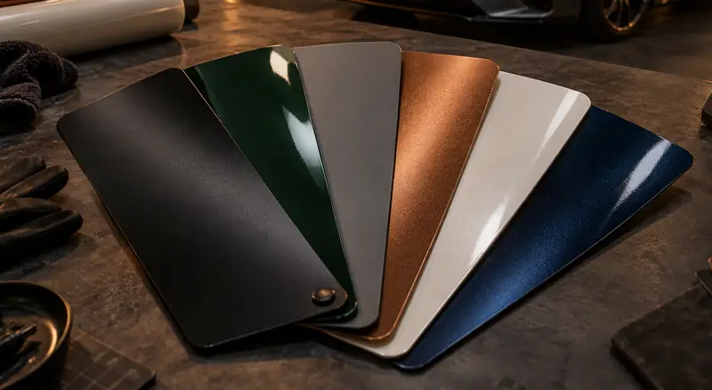 A fan of vinyl wrap colour samples in gloss, matte and satin