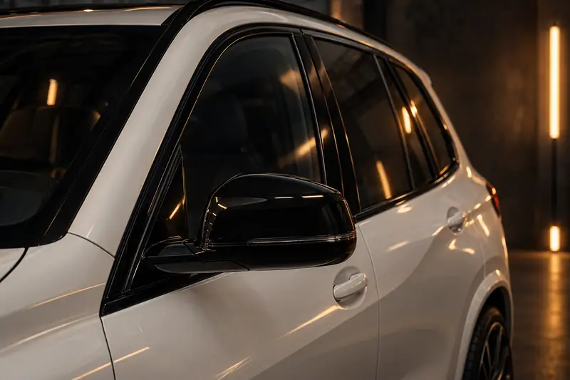 BMW X5 with window trims and mirror wrapped in gloss black (chrome delete)